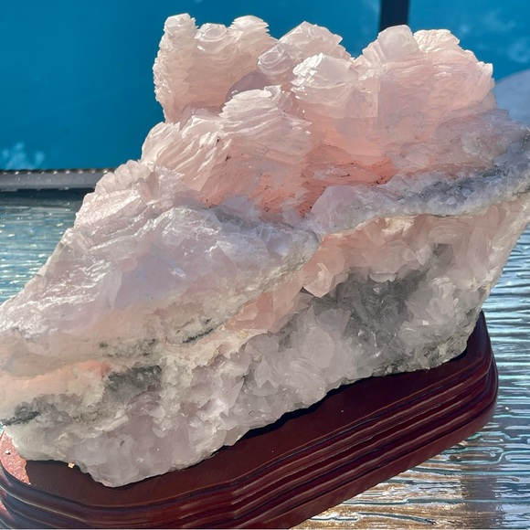 Mangano Calcite Large Pink Calcite Cluster w/ Wood Base Pink Calcite Home Decor - Picture 16 of 17